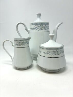Crown Ming Fine China Coffee Pot Sugar & Creamer Set “Diana” Pattern Platinum